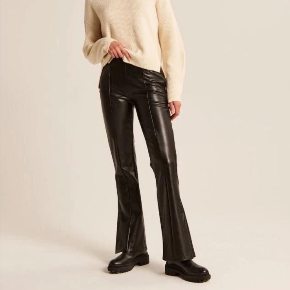 Abercrombie Brown Vegan Leather Split Hem Flare Pants XXS High Rise Seam Detail